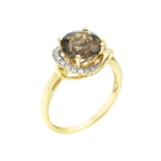 Yellow gold ring with diamonds and smoky quartz