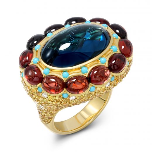 Ring with diamonds, garnets, sapphires and turquoise