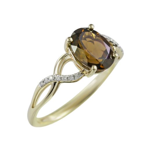 Кольцо из желтого золота с бриллиантами и дымчатым кварцем