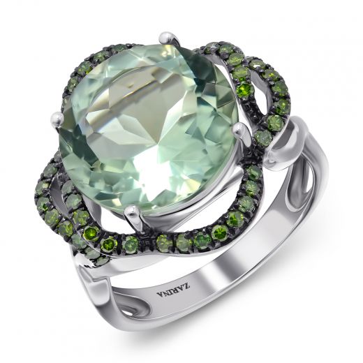 Кольцо с бриллиантами и зеленым кварцем