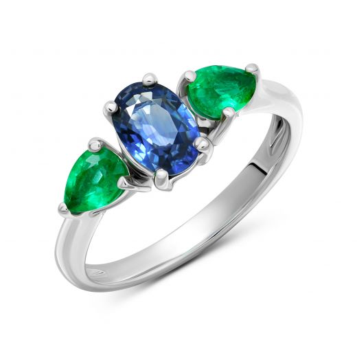 Ring with sapphire and emeralds in white gold 1К441-0426