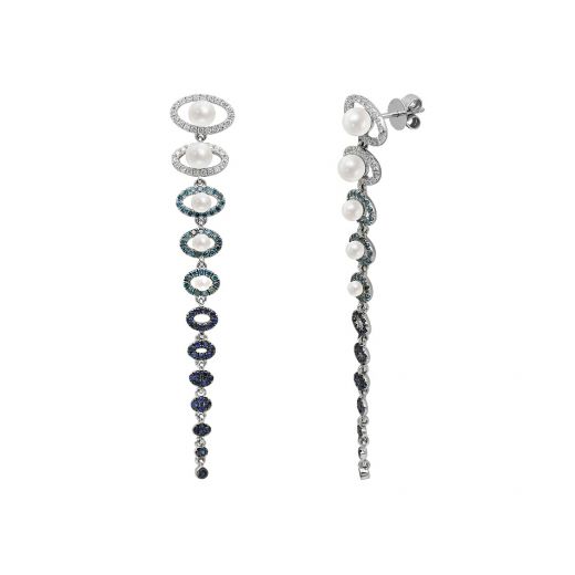 Earrings in white gold with diamonds, sapphires and pearls Midnight Spectrum