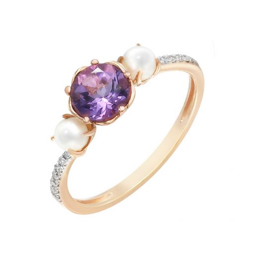 Rose gold ring with diamonds, amethyst and pearls