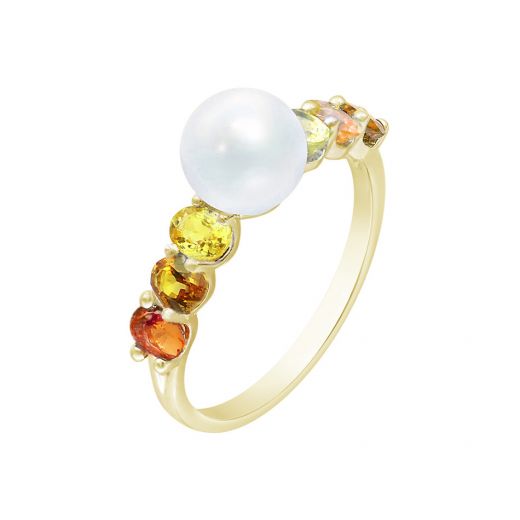 Ring with diamond, sapphires and pearls in yellow gold ZARINA