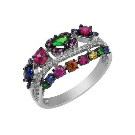 Ring in white gold with diamonds, rubies, sapphires and tsavorites ZARINA