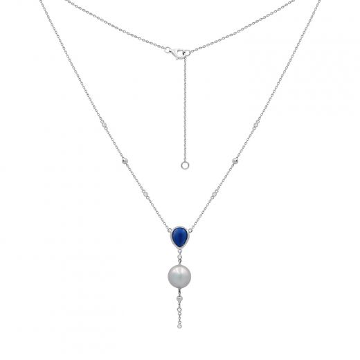 White gold necklace with diamonds, lapis lazuli and pearls