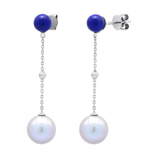 Earrings in white gold with pearls and lapis lazuli