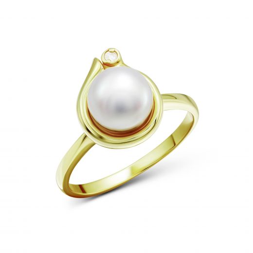 Ring with diamond and pearl in yellow gold 1К652-0005