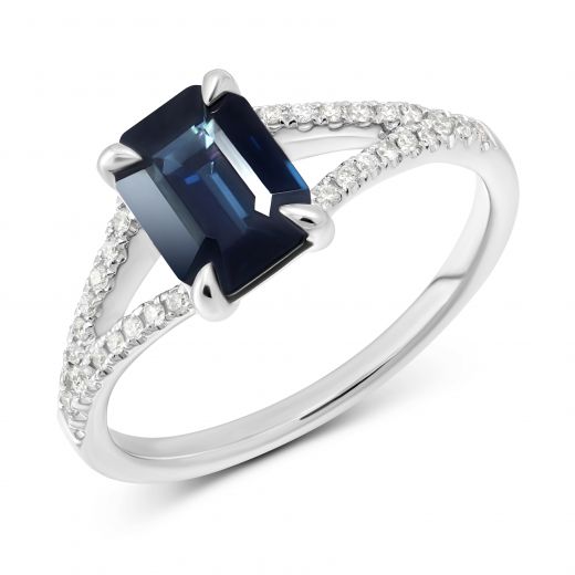 Octagon-cut diamond and sapphire ring