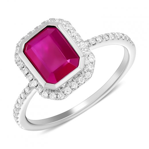 Ring in white gold with an Octagon-cut ruby ​​and diamonds