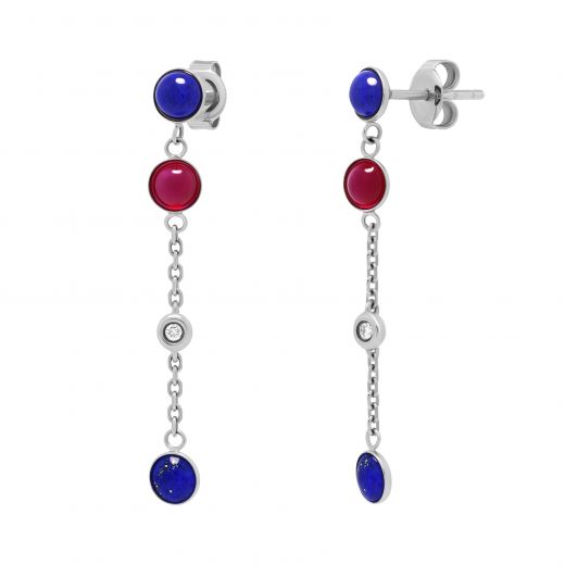 Earrings with diamonds, rubies and lapis lazuli in white gold