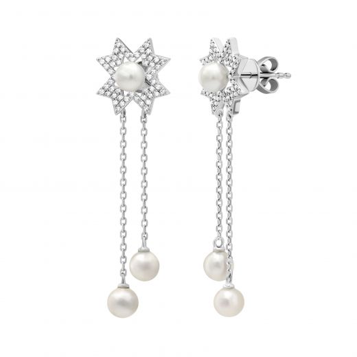 Earrings with diamonds and pearls in white gold 1С034-1478