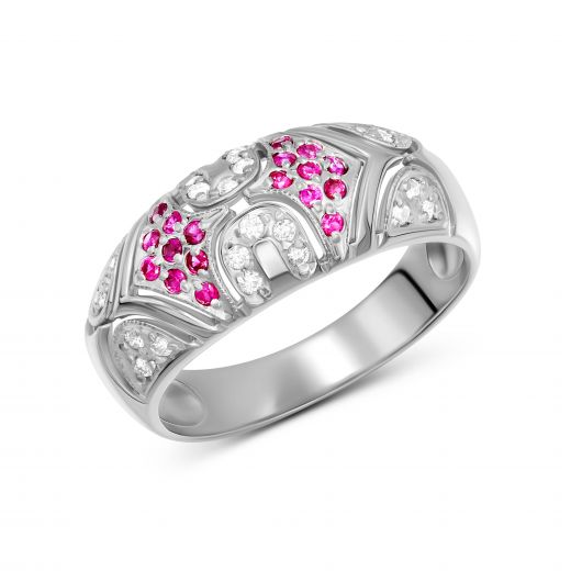 Ring with diamonds and rubies in white gold 1К955ДК-0109