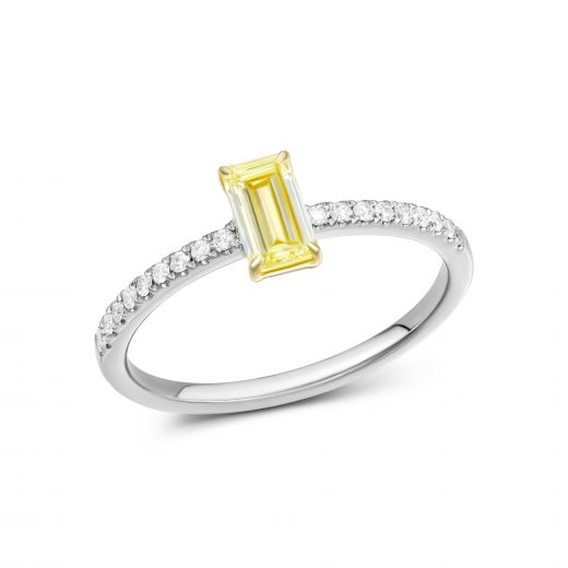 Baguette-cut yellow diamond ring in a combination of white and yellow gold 1-244 156