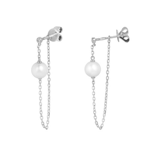 Earrings with diamonds and pearls in white gold 1С193ДК-0531