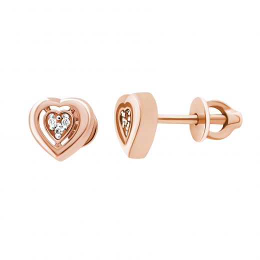 Earrings heart with diamonds in rose gold 1С814ДК-0011