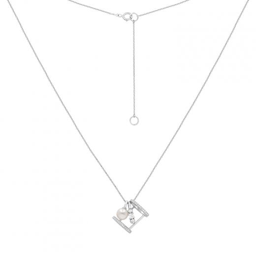 Inspiration necklace in white gold with diamonds and pearl