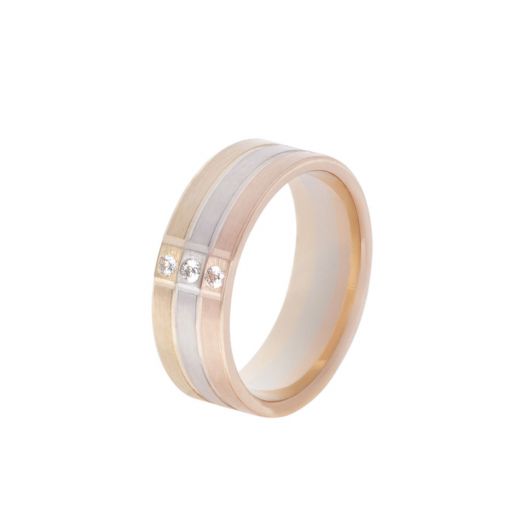 Обручальное кольцо из бело-желто-розового золота с фианитами