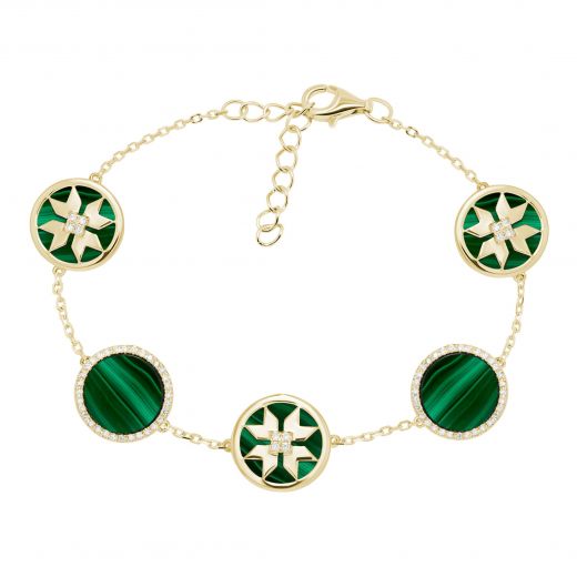 Bracelet with diamonds and malachite in yellow gold 1Б034-0125