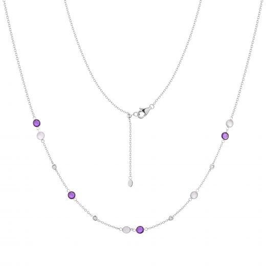 Necklace with diamonds, rose quartz and amethysts in white gold