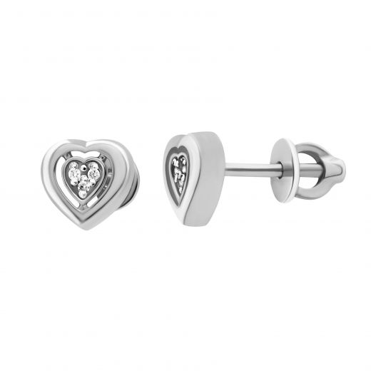 Earrings Heart with diamonds in white gold 1С814ДК-0012