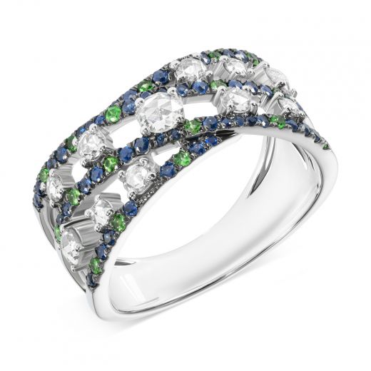 Ring in white gold with diamonds, sapphires and tsavorites ZARINA