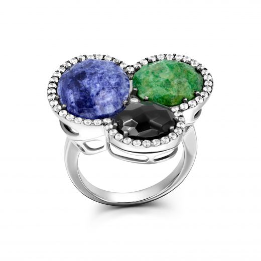 Ring with onyx, jadeite and sodalite in white gold 2К138-0089