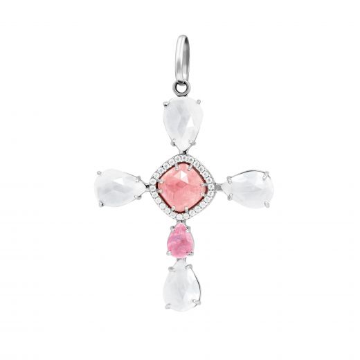 Cross with pink sapphire, quartz and rhodonite in white gold 2-154 556