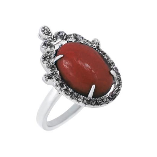 Ring with fianitas and imit. carnelian in sribl 3-204 038