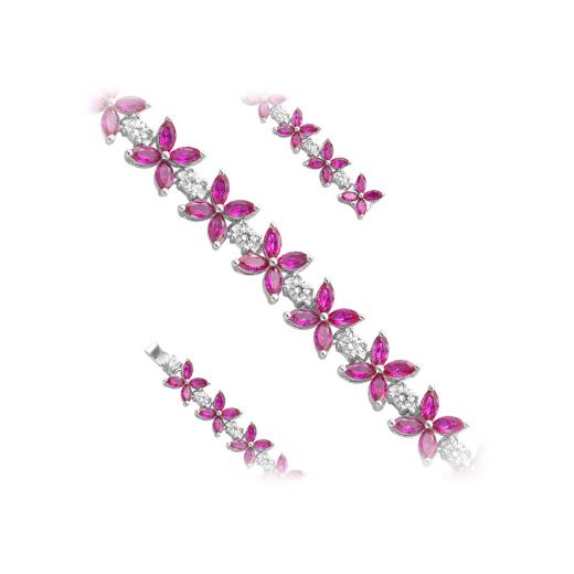 Silver bracelet with cubic zirconias and rubies NATKINA Flower