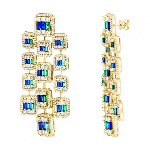 Earrings with blue and green finials yellow rhodium