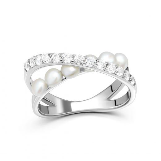 Ring with cubic zirconia and pearls in silver 3K862-0004