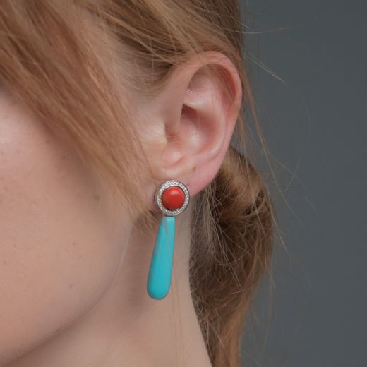 Earrings with coral turquoise ennobled and cubic zirkonia