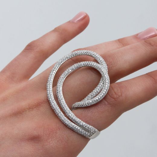 Silver ring with fianitas 3К656-0070