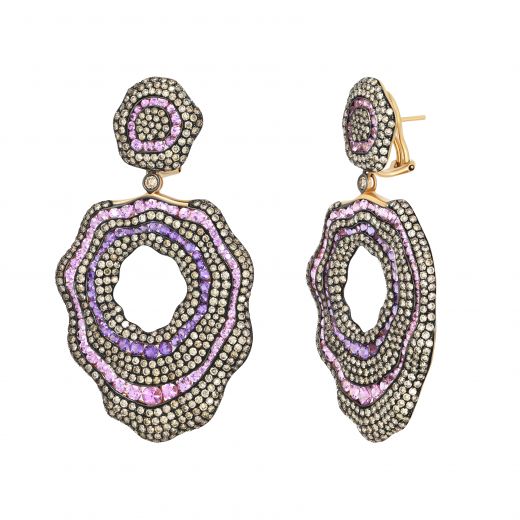 Earrings in pink gold with cognac diamonds, amethysts and pink sapphires