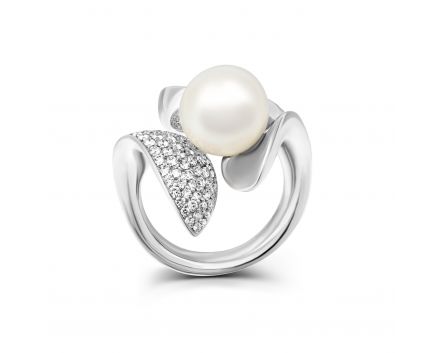 Diamond and pearl ring in white gold 1-008 688