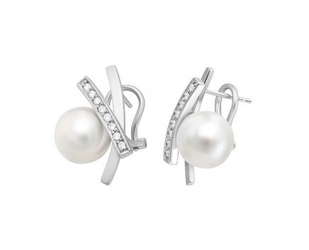 Earrings with diamonds and pearls in white gold 1-033 086