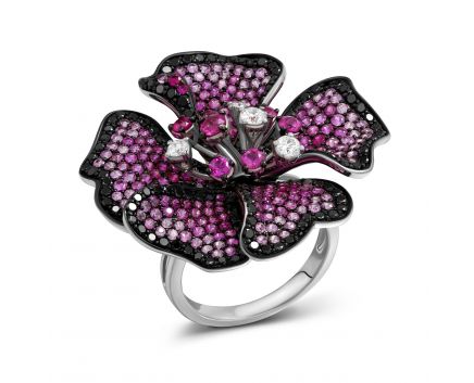 Flower ring with diamonds and pink sapphires in white gold 1-114 834