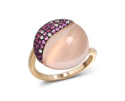 Каблучка з діамантами, сапфірами та рожевим кварцем у рожевому золоті 1-115 958