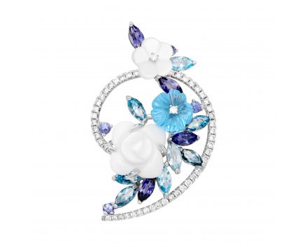 Pendant Flower with diamonds, agate, mother-of-pearl and topaz in white gold 1-036 116