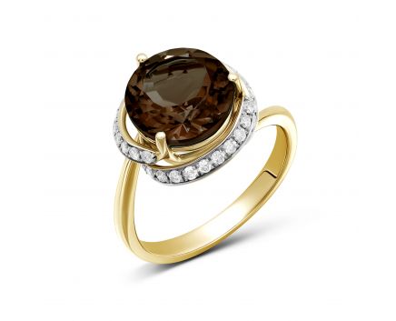 Кольцо с бриллиантами и дымчатым кварцем в желтом золоте 1К034-0928-1