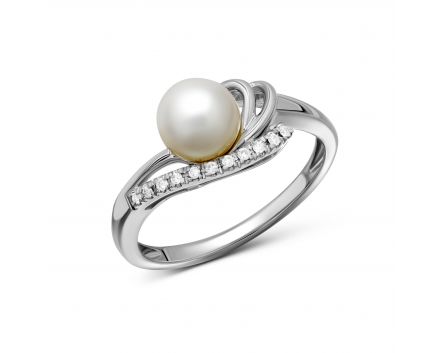 Каблучка з діамантами та перлиною у білому золоті 1К562-0217
