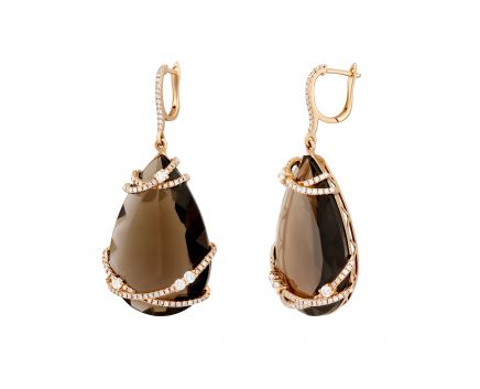 Earrings with diamonds and smoky quartz in rose gold 1С809-0142