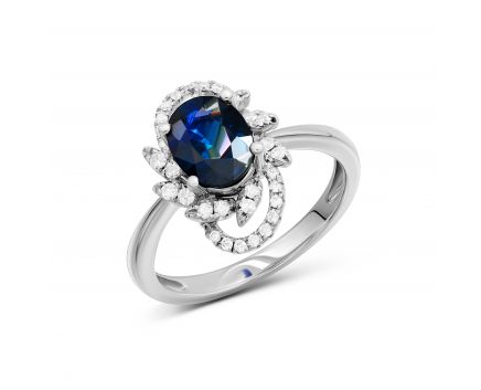 Ring with diamonds and sapphire in white gold 1К197-0009