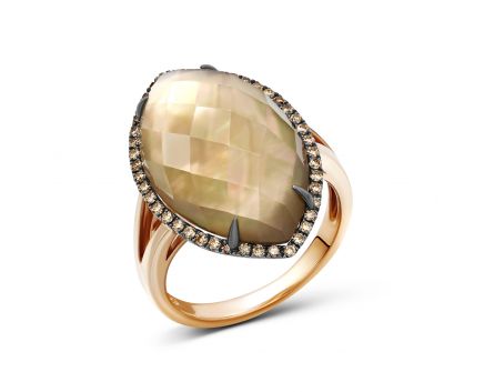 Duplet diamond, smoky quartz and mother-of-pearl ring