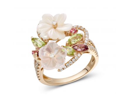 Ring with diamonds, mother-of-pearl, rose quartz, topaz, tourmaline and chrysolite 1-165 082