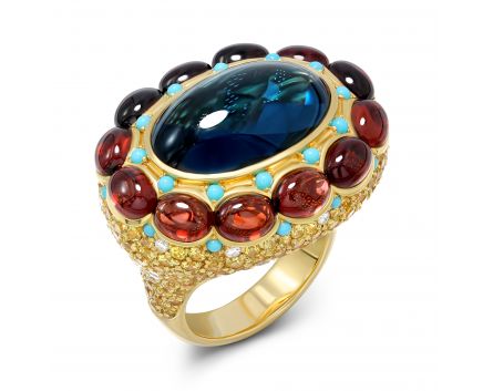 Ring with diamonds, garnets, sapphires and turquoise