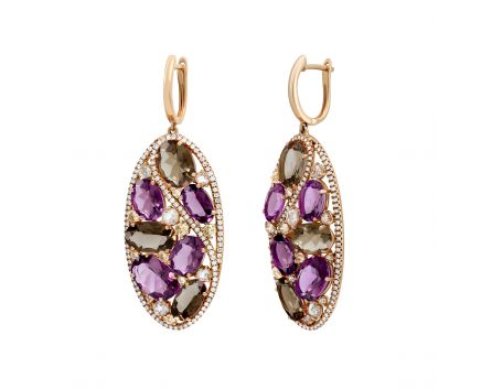 Earrings with diamonds, topaz, garnet and quartz in rose gold 1-166 779