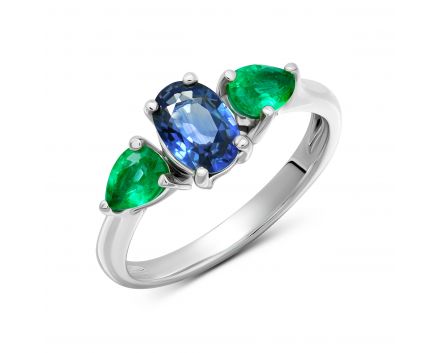 Ring with sapphire and emeralds in white gold 1К441-0426