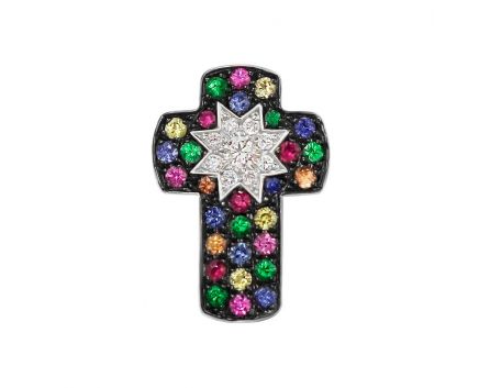 Pendant cross with diamonds and sapphires, tsavorites, rubies in white gold 1П759-0229